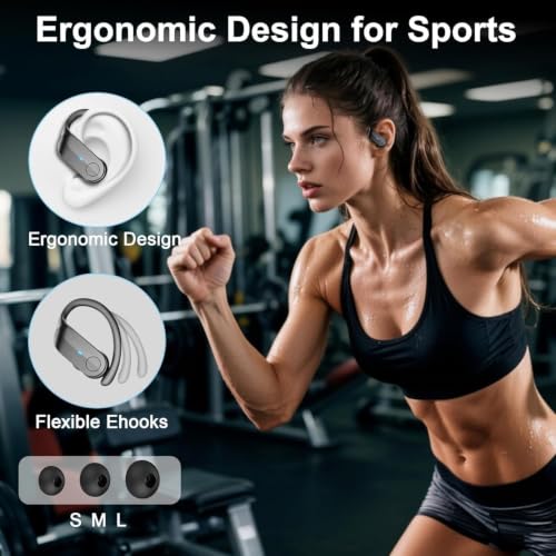 Wireless Earbuds Sports, 2026 Bluetooth 5.4 Headphones with 70H Deep Bass Over Ear Buds, IPX8 Waterproof ENC Noise Cancelling Earphones, Running Headphones with Earhooks, USB-C Headset for Workout/Gym