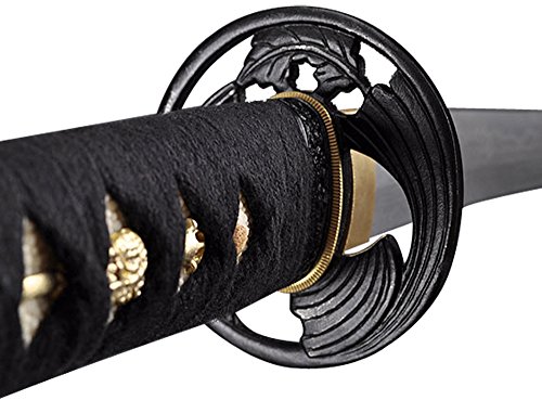 Handmade Sword - Japanese Battle Ready Samurai Katana Sword, Hand Forged 1045 Carbon Steel Damascus Blade 1024 Layer, Heated Tempered, Full Tang, Sharp, Black Wooden Scabbard