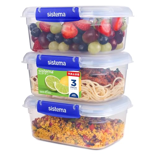 Sistema KLIP IT PLUS Leakproof Food Storage Containers | 1 L | Airtight, Stackable & Nestable Meal Prep Containers with Lids | School Lunch Boxes | 3 Count