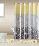 Sonia Yellow & Gray Multi-Tone 15-Piece Bathroom Accessory Set: 2 Bath Mats, Shower Curtain & 12 Fabric Covered Rings