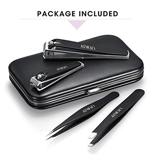 Nail Clippers Set, Atmoko Manicure Set with Pedicure Kits, High Precision Stainless Steel Slanted Pointed Tweezers and Leather Travel Case for Eyebrow Plucking & Nail Trimming