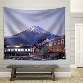 Mt Fuji at Dawn and The Train Station. Train Station and Mt Fuji in The Background at Dawn. - Fabric Wall Tapestry Home Decor - 51x60 inches