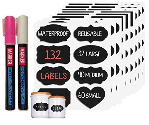 Chalkboard Labels Black & White w/Markers - 132 Stickers w/Fine Tip White & Pink Liquid Chalk Markers - For Home Pantry Storage Office Farm Country School Bars Shops Jars Crafts Weddings (Fine 3mm)