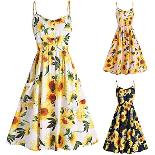 Finedayqi  Woman Dress,Women Sexy Sunflower Printing Pocket Button Off Shoulder Sleeveless Dress Pink - Thumbnail 5
