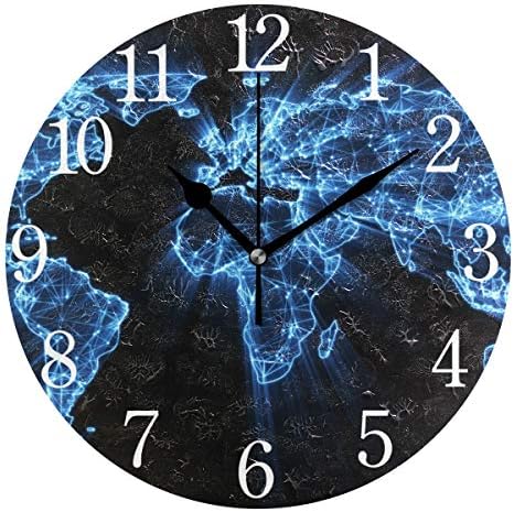 SKYDA Wall Clock,Glowing Blue World Map Round Wall Clock Arabic Numerals Design Home Decorative