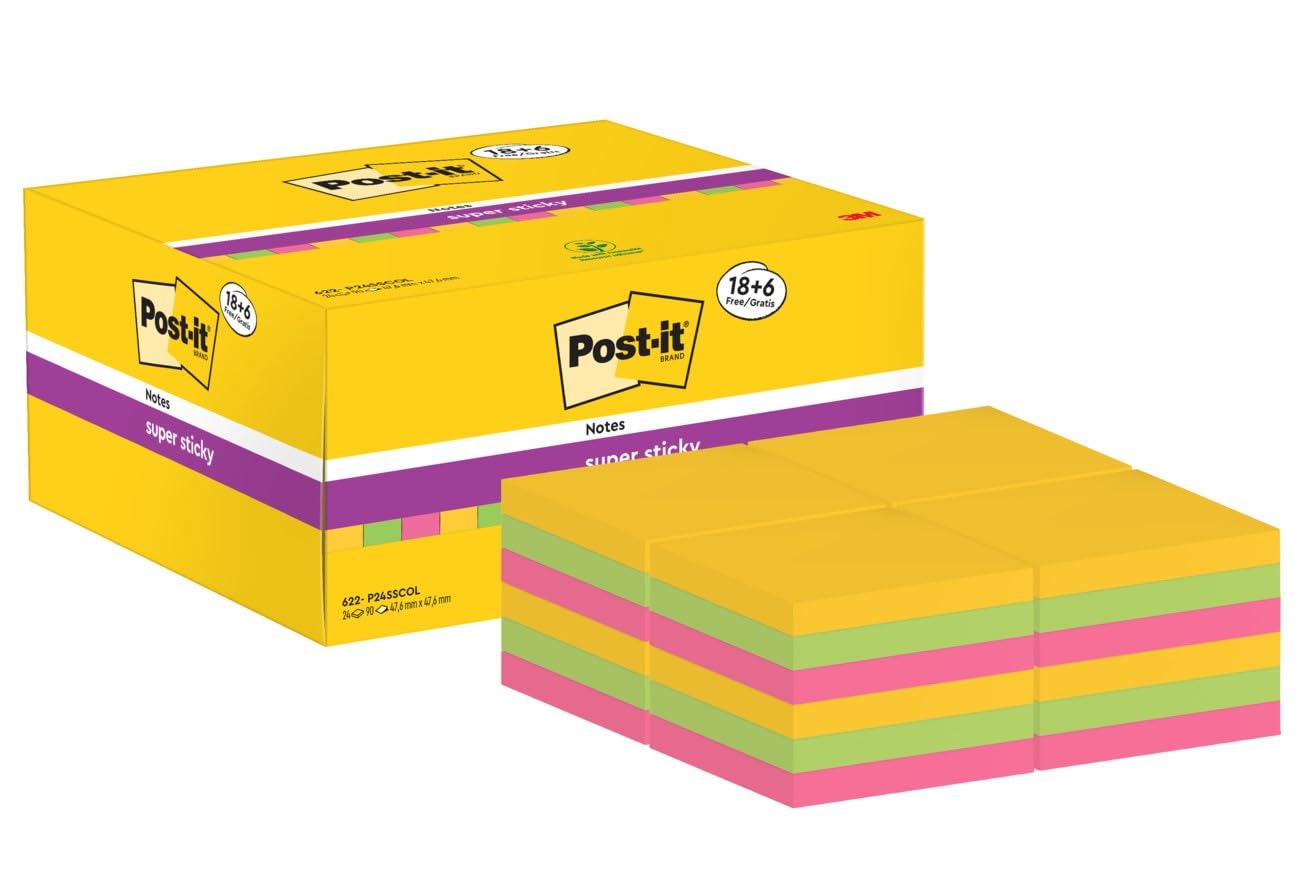 Post-it Super Sticky Notes, 2160 Sheets, Value Pack of 18 + 6 Free Pads, 47.6 x 47.6 mm - Holds Strong to Many Surfaces - for Walls, Monitors and Fridge, Recycable