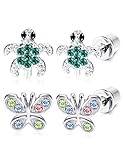 ORAZIO 2 Pairs Stainless Steel Turtle Earrings for Girls Women Butterfly Stud Earrings Screwback Silver Tone (A:Tortoise and Color Butterfly)