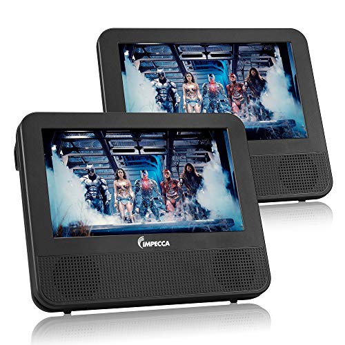 IMPECCA DVD Player, Portable Dual Screen DVD 7" Player for Car Headrest or Home with USB, SD Card Reader, Rechargeable Battery, Memory Function, Two Screens Play One Movie