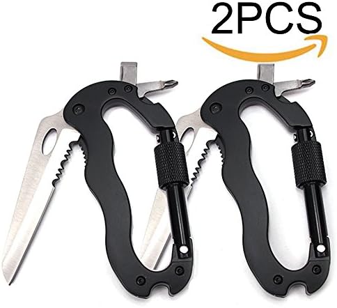 Fanmous Multi-tool Climbing Buckle 5 In 1 ,2Pack,Aluminum Carabiner Multi-tool Clip Locking Carabiner EDC Keychain Knife D Ring Hook Multi-Functional Keychain
