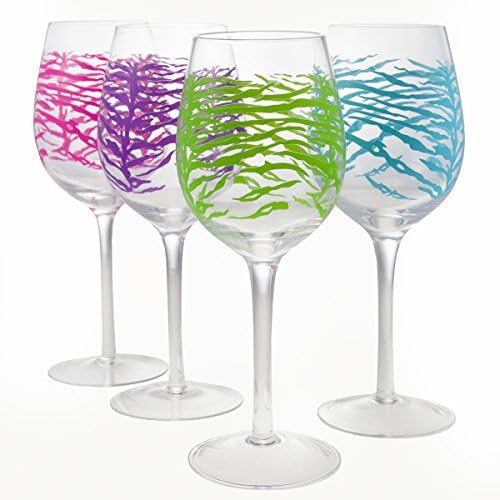 4 Colored 16oz Abstract Print Wine Glasses Set Formation Pink Purple Green Blue
