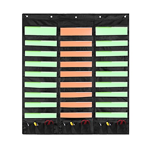 Samstar Wall File Folder Organizer (Black), Storage Pocket Chart for School, Classroom, Home or Office Use, 30 Pocket Chart Hanging Wall Organizer with 5 Hangers