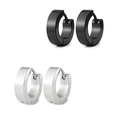 2 Paar Ohrringe Schwarz und Silber. Damen und Herren Edelstahl Klapp-Creolen (4mm breit - 13mm Durchmesser)