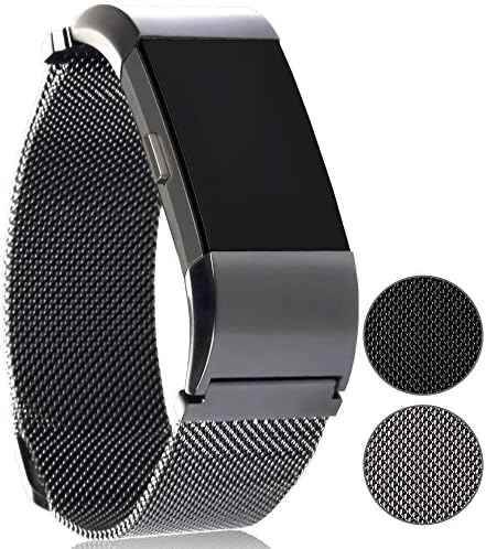 Premium Replacement Bands for Fitbit Charge 2 by Lorum: Stainless Steel Metal Bracelet Strap In Silver &amp; Black – Strong Magnet Lock With Buckle Design HR Fitness Tracker – Small &amp; Large Hand Straps