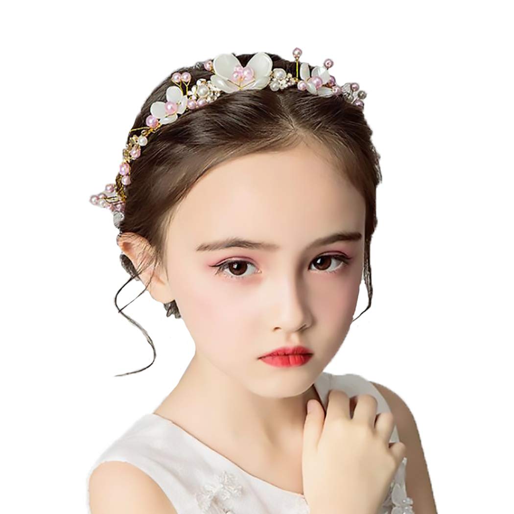 IYOU Flower Girl Headpiece Gold Flower Pearl Headpiece Crystal Princess Bridal Hair Accessories for Girls Wedding