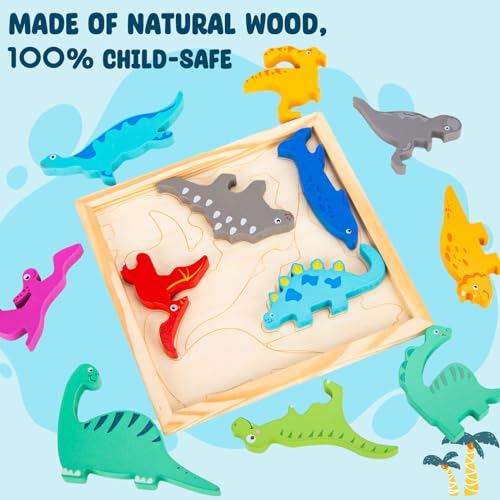 LovesTown 12PCS Stacking Dinosaur Puzzles, Preschool Wooden Dinosaur Toys Chunky Jigsaw Puzzles for Birthday Gift Kids Age 2 3 4 5