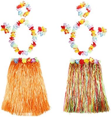 PARTYMASTER Elastic Hawaiian Hula Dancer Grass Skirt with Flower Leis,Adult Size,Set of 2
