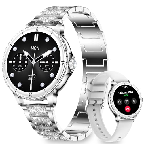 Reloj Inteligente Mujer con Llamadas, 1.27'' Smartwatch Mujer con Correa de Diamante, Compatible con Android/iOS, IP68 Impermeable Smart Watch Redondo con Monitor Sueño Pulsometro Sangre Presión Plata
