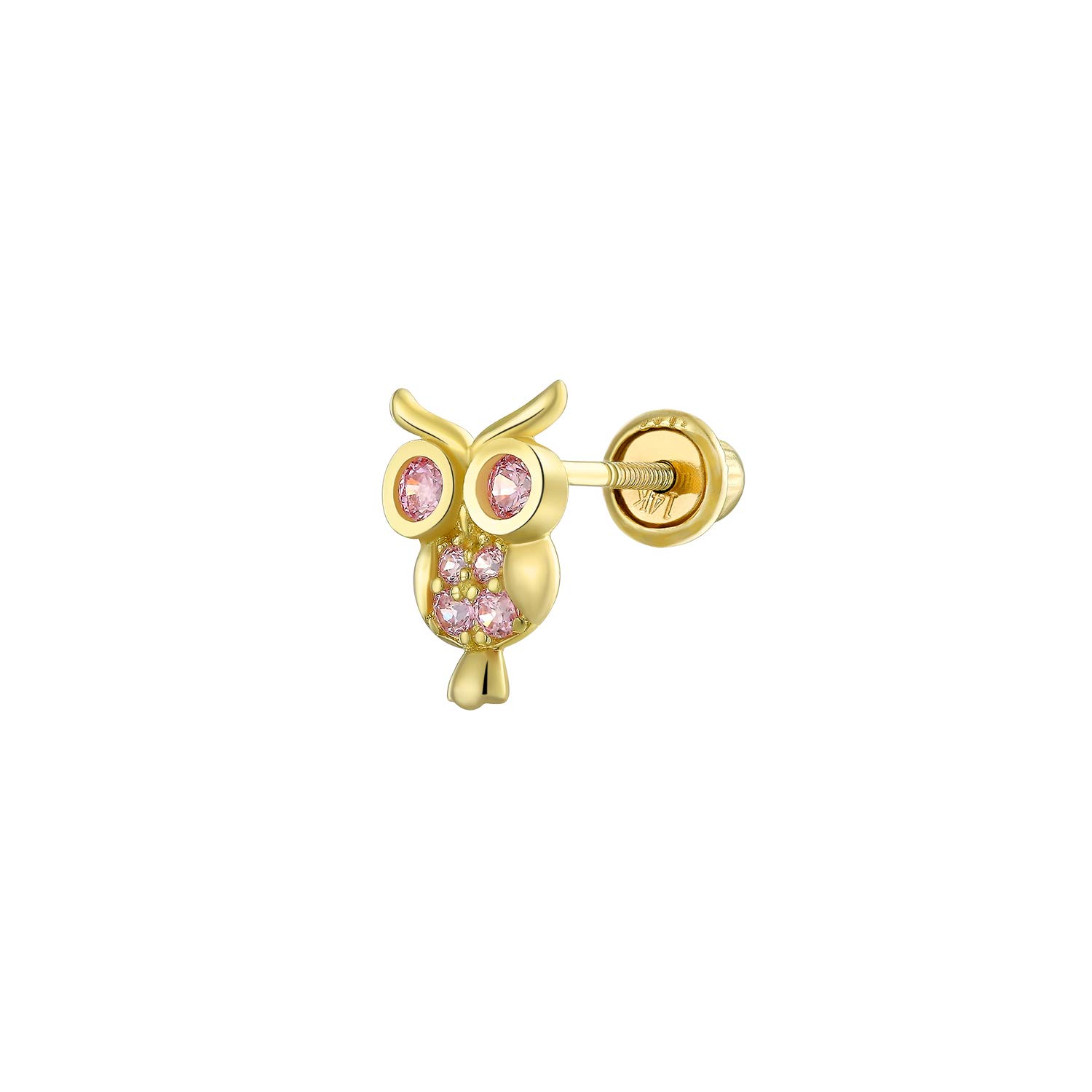 Tiny Pink CZ Lucky Wise Owl Bird Helix Cartilage Ear Lobe Piercing Daith 1 Piece Stud Earring For Women Teen Cubic Zirconia Real Yellow Gold Screw back