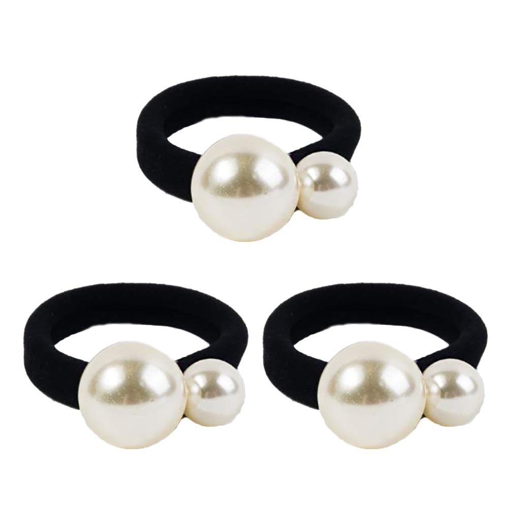 Lurrose 3 pieces pearl hair bobbles cotton stretch hair bands simple beads hair ropes for women girls