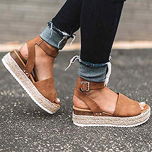 Joywow Women Sandals Casual Espadrilles Sandals Open Toe Platform Strappy Studded Wedge Buckle Ankle Strap Mid Heel Sandals (8 M US, C Brown Women Sandals) - Thumbnail 6