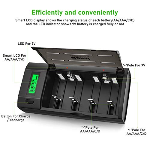 BONAI LCD Rechargeable Battery Charger For C, D, AA, AAA Battery (Ni-Mh or Ni-Cd) and 9V Battery (Ni-Mh or Li-ion) - LCD Universal Battery Charger With Discharge Function [Black]