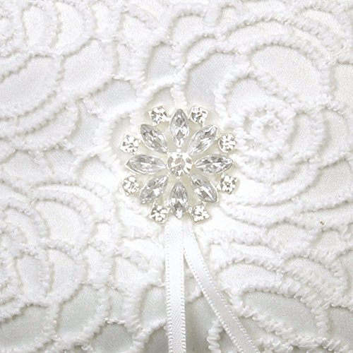 Adeeing Floral Rhinestone Lace Bridal Wedding Ring Pillow Jewelry Bearer White Cushion Holder,6 x 6 Inch - Thumbnail 3
