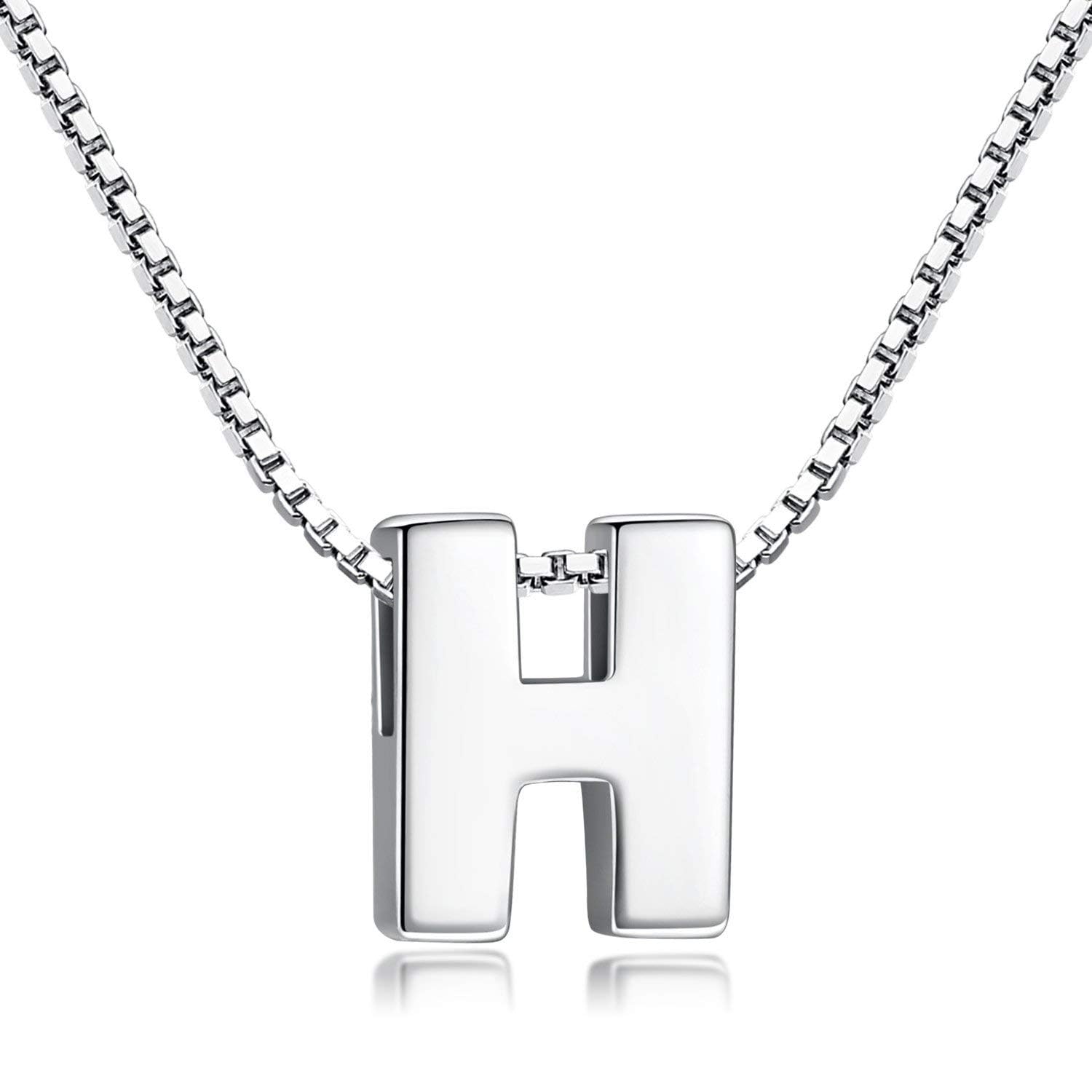 Candyfancy 1.0mm 18 inch 925 Sterling Silver 26 Small Letters Alphabet A-Z Initial Pendant Box Chain Necklace (H with Chain) — image 1