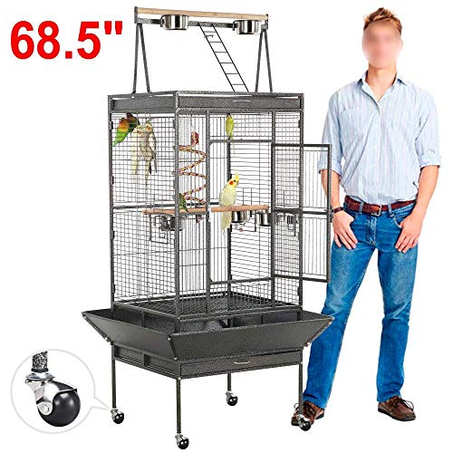 Yaheetech 69-inch Wrought Iron Rolling Large Bird Cages for African Grey Small Quaker Amazon Parrots Cockatiels Sun Parakeets Green Cheek Conures Doves Lovebirds Budgies Play Top Bird Cage with Stand