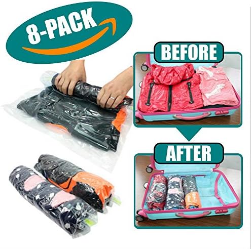 GENATION Space Saver Compression Bags – Roll Up No Vacuum Required – Heavy Duty Packing Organizer Protects Clothes During Storage and Travel – 8 Pk