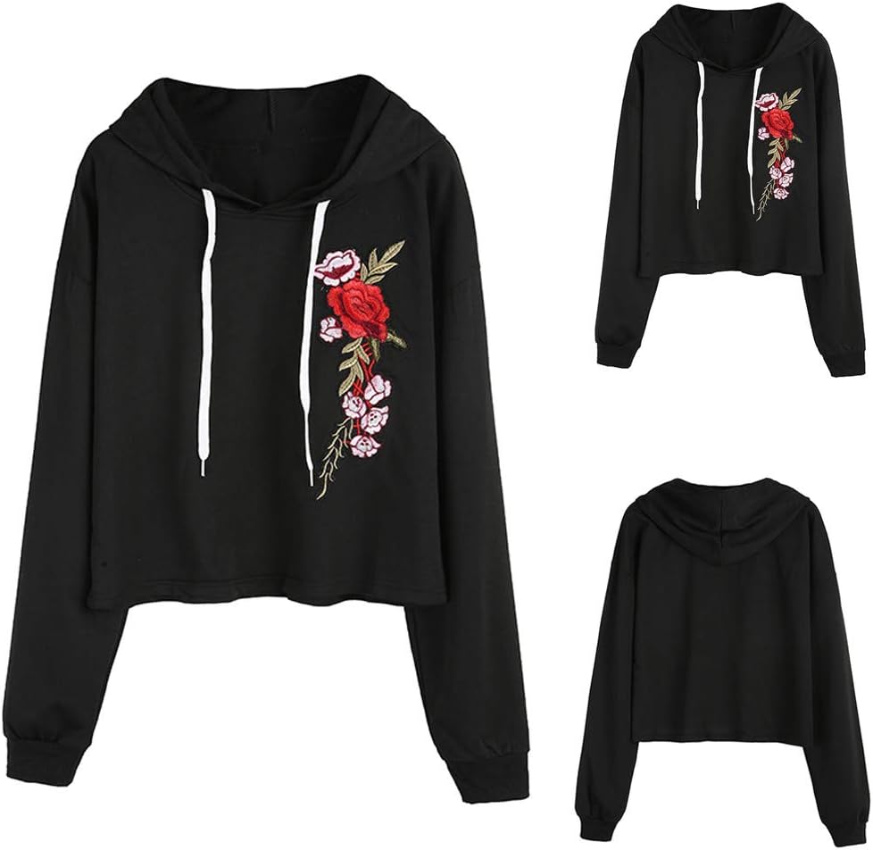 Danhjin Womens Crop Hoodies Flower Embroidered Sweatshirts