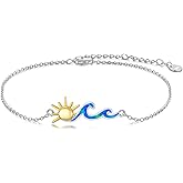 LEECCI Wave Bracelet for Women 925 Sterling Silver Sun and Wave Bracelet Blue Opal Beach Ocean Jewelry for Women