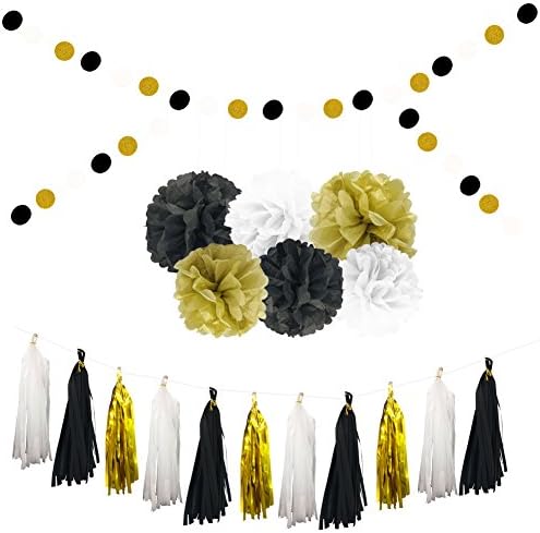 Ldoux Black Gold White Theme Party Decoration,Glitter Paper Circle Garland,Tassel Garland,Gold White Black Tissue Pom Poms Paper Flower Ball Set for New Year Nursery Birthday Party Decoration
