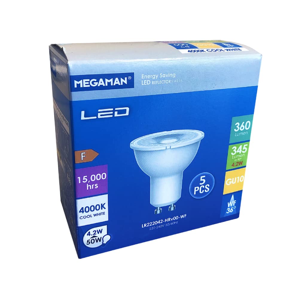 Megaman Pack of 5 x LED GU10 Bulbs 4.2W 36 Degree 4000K Cool White 710391E