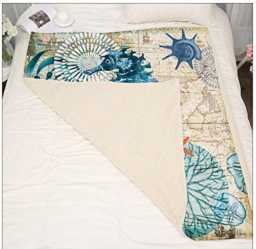 Qucover 3D Print Sea Horse Coral Velvet Throw Blankets Throws Bed Sheet with Sherpa Lining for All Season 59x79 Inch - Thumbnail 3