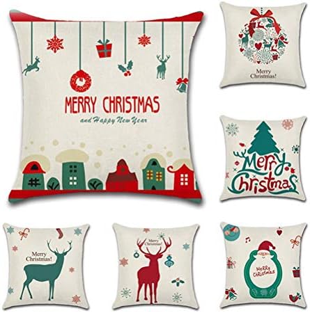 Adikoo 6 Pcs 18x18 Christmas Pillow Covers Standard Cotton Linen Invisible Zipper Merry Christmas Xmas Tree Deer Santa Claus Decorative for Sofa Cushion Covers Pillowcases