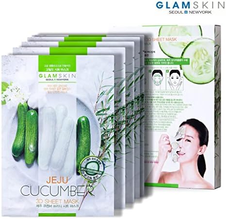 [GLAMSKIN] Jeju Cucumber 3D Sheet Mask Pack of 5 / Sliced Cucumber Printed/Natural Crystal Cellulose Sheet