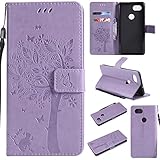 Pixel 2 XL Wallet Case,HAOTP Floral Flower Love Tree Cat Embossed PU Leather Magnetic Flip Shockproof TPU Inner Bumper Card Holders & Hand Strap Purse Case for Google Pixel 2 XL Light Purple