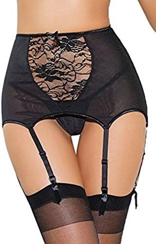 Lannorn Women's Sexy Lace High-waisted Hollow Out Adjustable Suspender Garter Belt With Matching Thong (M, Black)
