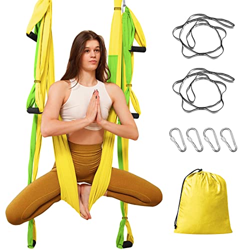 Leogreen Aerial Yoga Swing Set, Aerial Yoga Hammock Trapeze, Flying Antigravity Yoga, Max Load 660lb, for Inversion Exercise Pilates Gymnastics (Yellow and Green)
