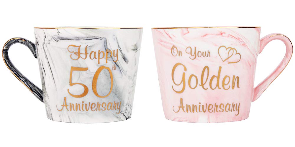 Happy Homewares Beautifully Designed 50th Anniversary Grey and Pink Marble 12oz Ceramic Mugs with Golden Metal Trim