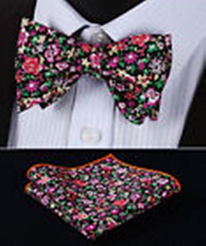 Mondaily DLF203K Black Pink Red Floral Men Cotton Self Bow Tie Pocket Square set #PPTE4628