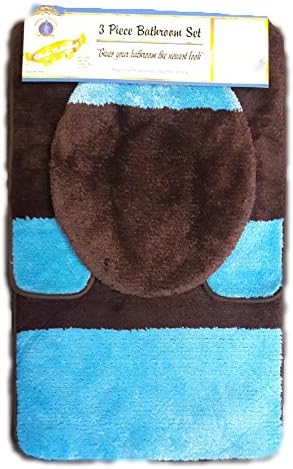 2-Tone 3 Piece Bathroom Set Bath Mat Contour Rug &amp; Lid Cover - Brown Turquoise