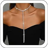 Zeshimb Cubic Zirconia Tennis Necklace Crystal Tennis Chain Lariat Necklace Long 2 Row Rhinestone Chain Tassel Y-Pendant Necklace Layered Tennis Choker Necklace Party Prom Jewelry for Women