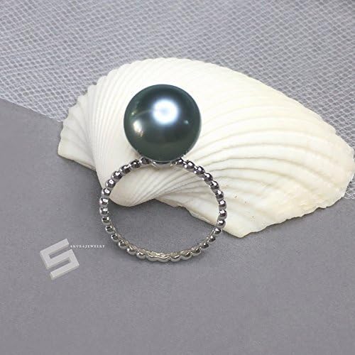 Tahitian Pearl And White Gold Ring, 12.5MM AAA Grade Authentic Tahitian Pearl & 14KT Solid Gold Promise Ring, Genuine Black Pearl Ring