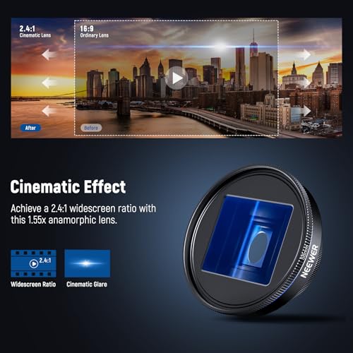 NEEWER 1.55x Blue Anamorphic Lens Compatible with iPhone Android Samsung, Phone Camera Accessories with 17mm Threaded Lens Clip & 58mm Filter Adapter Ring, Cinematic Wide Screen Effect, LS-43 Ultra