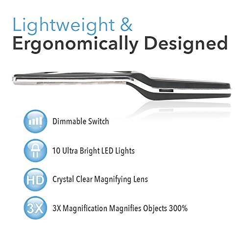 MagniPros 3X Large Handheld Magnifying Glass with 10 Dimmable Anti-Glare LED Lights(Provide more Evenly Lit area) & Bonus Cleaning Cloth