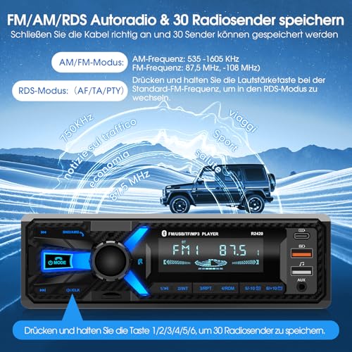 RDS Car Radio Bluetooth with Type-C Charging Port, CENXINY Car Radio 1DIN Bluetooth 5.0 Supports 2USB/AUX/SD/TF/EQ/DSP/Android and iOS