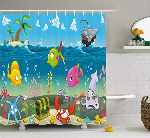 lovedomi Marine Animal Shower Curtain Fun Marine Animal Underwater Seascape with Sailboat Palm Tree Cartoon Artwork Cloth Bathroom Decoration pop Cloth Shower Curtain with 12 Hooks