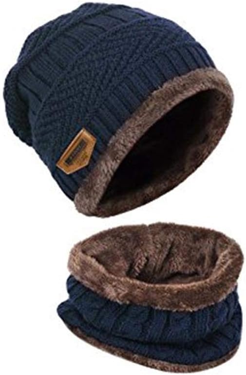 Mens Winter Beanie Hats Scarf Set Warm Thick Knit Hats Skull Cap Neck Warmer with Thick Fleece Lined Winter Hat and Scarf for Men Navy