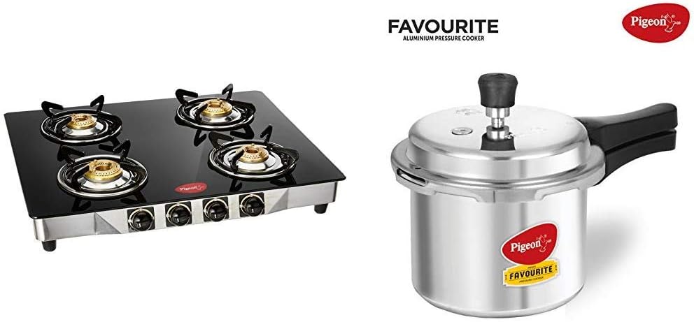 Pigeon By Stovekraft Blackline Smart Stainless Steel 4 Burner Gas Stove, Black & Favourite Induction Base Aluminium Pressure Cooker with Outer Lid, 3 litres (Silver) Combo